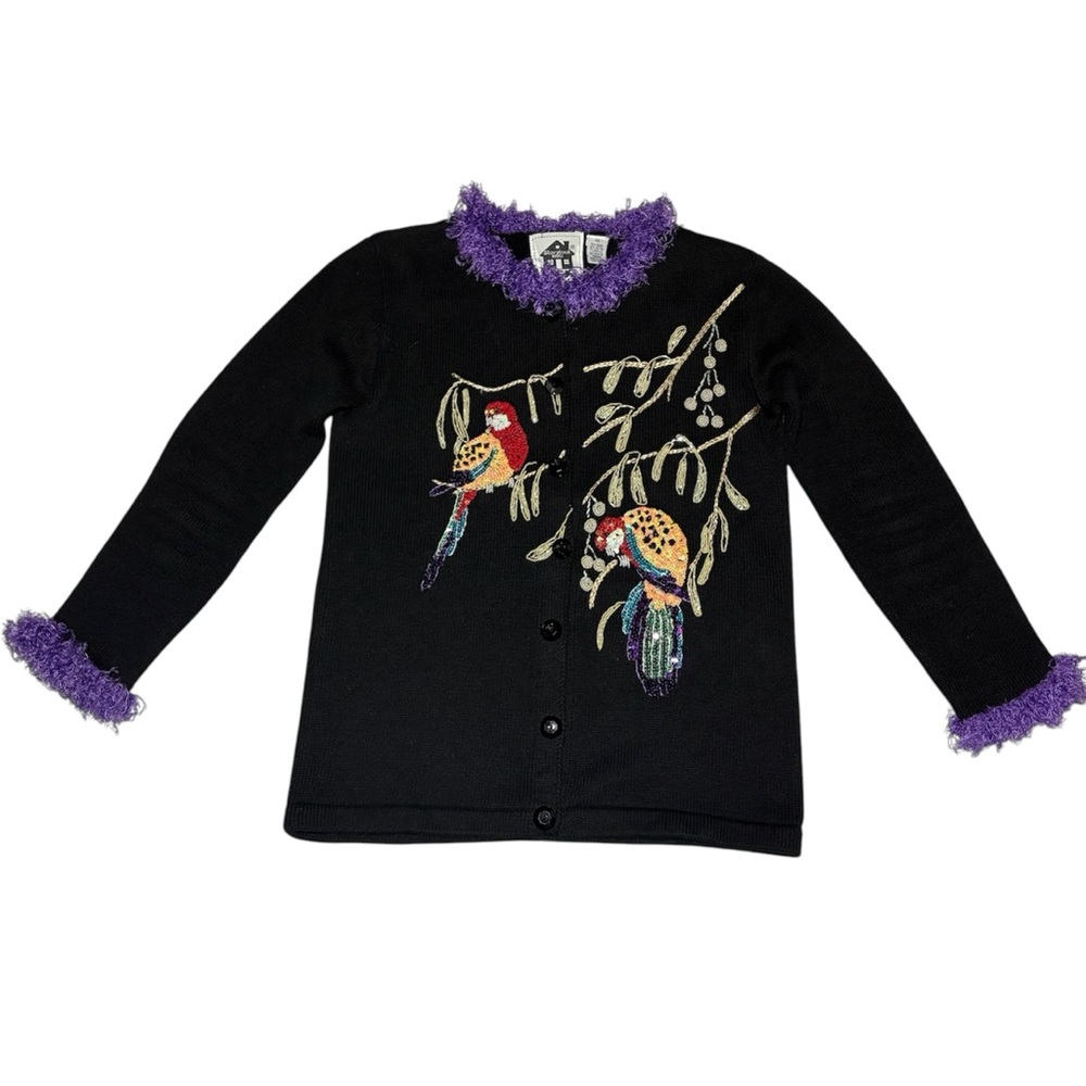 Storybook Knits Black Sweater Cardigan XS PARROT FANCY Sequins Beads Embroidered